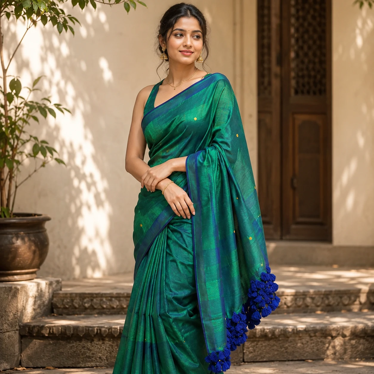 peacock-colored tissue saree